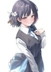  1girl absurdres black_eyes black_hair black_skirt black_vest blush closed_mouth collared_shirt commentary_request flower gakuen_idolmaster hair_flower hair_ornament hataya_misuzu hatsuboshi_gakuen_school_uniform highres idolmaster kawai_ritsu_(rits_meg) long_sleeves looking_at_viewer mole mole_under_mouth school_uniform shirt short_hair simple_background skirt smile solo upper_body vest white_background white_flower white_shirt 