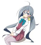  ahoge blush bow grey_eyes grey_hair hair_ribbon kantai_collection kiyoshimo_(kantai_collection) kugui_kiyunemu long_hair long_sleeves pantyhose ribbon school_uniform shadow simple_background sitting solo sweatdrop twintails very_long_hair white_background 