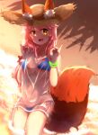  1girl :d absurdres animal_ears beach bikini bikini_under_clothes blue_bikini breasts brown_eyes brown_hat collarbone commentary_request double_fox_shadow_puppet ears_through_headwear fang fate/grand_order fate_(series) fox_ears fox_girl fox_shadow_puppet fox_tail hair_between_eyes hands_up hat highres large_breasts long_hair navel pink_hair sand see-through side-tie_bikini_bottom smile solo straw_hat swimsuit tail tamamo_(fate) tamamo_no_mae_(swimsuit_lancer)_(fate) yuya090602 