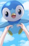  1girl :d absurdres blue_eyes cloud day happy highres holding holding_pokemon looking_at_viewer open_mouth outdoors piplup pokemon pokemon_(creature) pov pton_uca09 sky smile tongue 