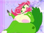 4:3 anthro big_breasts big_nipples big_tail blue_eyes blueondrive breast_squish breasts broncherry curvy_figure dinosaur female green_body hair hearts_around_head hi_res huge_breasts nipples pal_(species) palworld petals pocketpair red_hair reptile sauropodomorph scalie sherrie_(blueondrive) slightly_chubby slightly_chubby_female solo squish tail thick_thighs trowel voluptuous