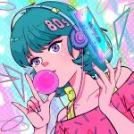  1980s_(style) 1girl blowing_bubbles blue_hair cassette_tape circle collarbone eyelashes headphones highres morry369 multicolored_background multicolored_nails nail_polish number_hair_ornament original pink_shirt purple_eyes retro_artstyle shirt short_hair solo t-shirt triangle upper_body 