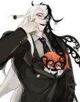  1boy 1girl :3 adjusting_eyewear alternate_costume ashiya_douman_(fate) black_eyes black_hair curly_hair fate/grand_order fate_(series) formal fujimaru_ritsuka_(female) glasses highres long_hair multicolored_hair orange_eyes orange_hair short_hair simple_background suit white_background white_hair xubeichaoyansuan 