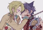  2boys animal_ears bad_id bad_pixiv_id bite_mark biting blood blood_on_clothes blood_on_face blood_on_hands blood_splatter blue_collar blue_hair brown_jacket chain chain_leash closed_mouth collar earrings ensemble_stars! fang green_hair hair_between_eyes hand_on_another&#039;s_face jacket jewelry kemonomimi_mode leash long_sleeves looking_at_another male_focus meremero multiple_boys purple_eyes sazanami_jun short_hair slit_pupils smile tomoe_hiyori upper_body yellow_eyes 