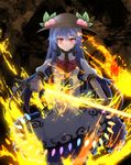  blue_hair bow fire flame food fruit glowing glowing_sword glowing_weapon hat highres hinanawi_tenshi long_hair looking_at_viewer peach pink_eyes puffy_short_sleeves puffy_sleeves rihito_(usazukin) shirt short_sleeves skirt solo sword_of_hisou thighhighs touhou very_long_hair weapon wrist_cuffs 