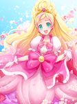  :d aqua_eyes blonde_hair blue_eyes bow choker cure_flora earrings eyelashes flower frilled_skirt frills gloves go!_princess_precure gradient_hair hair_ornament half_updo haruno_haruka highres jewelry long_hair magical_girl mode_elegant_(go!_princess_precure) multicolored_hair natsuki_nori open_mouth petals pink_bow pink_hair pink_skirt precure puffy_short_sleeves puffy_sleeves ribbon short_sleeves skirt sky smile solo streaked_hair two-tone_hair very_long_hair wavy_hair 