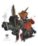  1boy absurdres armor assault_visor blue_helmet character_name copyright_name gun hashtag-only_commentary highres holding holding_gun holding_sword holding_weapon kamen_rider kamen_rider_gaim kamen_rider_gaim_(series) lock_seed male_focus musou_saber obakelope0530 orange-tinted_eyewear orange_armor sengoku_driver simple_background smoke smoking_barrel solo sword tinted_eyewear upper_body weapon white_background 