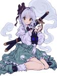  1girl absurdres alternate_costume bow curiosities_of_lotus_asia grey_hair hair_ribbon hairband highres hitodama katana konpaku_youmu konpaku_youmu_(ghost) mugi_(mugimugi_9kv) puffy_sleeves ribbon short_hair skirt sword touhou vest weapon yellow_eyes 