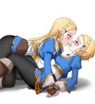  2girls all_fours black_pantyhose blonde_hair blue_shirt blush boots braid breasts brown_footwear brown_gloves commentary_request crown_braid dual_persona ear_blush fingerless_gloves gloves green_eyes imminent_kiss knee_boots long_hair lying multiple_girls pantyhose parted_bangs pointy_ears princess_zelda shirt short_hair the_legend_of_zelda the_legend_of_zelda:_breath_of_the_wild the_legend_of_zelda:_tears_of_the_kingdom time_paradox wasabi_(legemd) white_background 