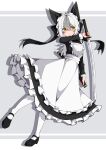  1girl absurdres apron black_dress black_footwear closed_mouth commentary_request dress frilled_apron frilled_dress frills full_body grey_background grey_hair hair_between_eyes highres holding holding_sheath holding_sword holding_weapon katana kuroyuri_(sakurayuki_lily) long_hair long_sleeves maid maid_apron maid_headdress multicolored_hair original pantyhose sheath shoes solo sword two-tone_background two-tone_hair unsheathed very_long_hair weapon white_apron white_background white_pantyhose yellow_eyes 