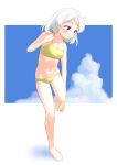  1girl alternate_costume barefoot bikini blue_sky breasts cloud full_body hairband kantai_collection looking_at_viewer midriff natsugumo_(kancolle) navel one-hour_drawing_challenge ray.s short_hair sky small_breasts solo standing swimsuit white_hairband yellow_bikini 
