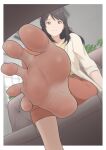  1girl barefoot belt black_hair blurry blurry_background border brown_belt brown_eyes chinese_commentary commentary_request commission crossed_legs depth_of_field dutch_angle feet foot_focus foot_out_of_frame foreshortening hair_ribbon highres indoors jacket kimi_no_na_wa. long_hair miyamizu_mitsuha orange_pants pants red_eyes ribbon shadow shirt sidelocks sitting soles solo spread_toes toes treadml white_border white_jacket yellow_shirt 