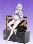  1girl bare_arms bare_legs bare_shoulders barefoot bra breasts grey_hair highres honkai:_star_rail honkai_(series) jingliu_(honkai:_star_rail) long_hair looking_at_viewer navel pink_eyes purple_background purple_bra small_breasts smile solo stomach thighs underwear very_long_hair yunkaiming 