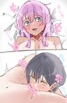  2girls absurdres bang_dream! bang_dream!_it&#039;s_mygo!!!!! blue_eyes blush chihaya_anon commentary_request completely_nude cunnilingus fang grey_hair hickey highres long_hair lying multiple_girls navel nude on_back on_bed open_mouth oral pink_hair short_hair skin_fang sweat takamatsu_tomori translation_request tsuyudashimirin yellow_eyes yuri 