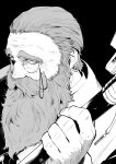  1boy beard black_background commentary_request denken_(sousou_no_frieren) facial_hair from_above greyscale hair_pulled_back highres holding holding_staff long_beard looking_to_the_side mage_staff monochrome monocle old old_man robe solo sousou_no_frieren staff thick_beard wrinkled_skin yanai_nobuhiko 