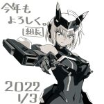  1girl bare_shoulders commentary_request dark_skin greyscale kumichou_(ef65-1118-ef81-95) looking_at_viewer mecha_musume mechanical_arms monochrome original short_hair solo translation_request upper_body white_background white_hair 