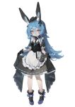  1girl absurdres animal_ears apron black_dress black_gloves blue_hair dress full_body gloves hair_between_eyes highres kele_mimi long_hair looking_at_viewer maid maid_headdress necktie original rabbit_ears short_sleeves simple_background skirt_hold solo tachi-e white_background 