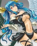  1girl angel_wings bare_shoulders blue_hair breasts cleavage closed_mouth dizzy_(guilty_gear) grey_background guilty_gear hair_between_eyes hair_ribbon highres illustr92828969 large_breasts long_hair long_sleeves looking_at_viewer navel red_eyes ribbon smile solo thighs twintails underboob wings 