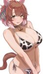  1girl alternate_costume animal_ears animal_print bare_arms bare_shoulders bell bikini breasts brown_hair cleavage commentary_request cow_print cow_print_bikini dantsu_flame_(umamusume) ear_covers ear_ornament enumiyaa highres horse_ears horse_girl horse_tail large_breasts multicolored_hair navel neck_bell open_mouth print_bikini simple_background smile solo streaked_hair sweat swimsuit tail umamusume upper_body white_background white_hair yellow_eyes 