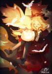  1girl :d blonde_hair blurry bracelet closed_eyes collared_shirt commentary_request dated delphox floating_hair happy holding jewelry lanter_qwq long_hair open_mouth pokemon pokemon_(creature) pokemon_xy serena_(pokemon) shirt shoes signature sleeveless sleeveless_shirt smile teeth thighhighs upper_teeth_only 