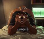  2024 all_fours anthro ass_up bear bed benny_(bennyafterdark) bottomless bottomless_male brown_bear brown_body brown_fur clothed clothing detailed_background eyebrows front_view full-length_portrait fur furniture glistening glistening_eyes head_on_hand hi_res karikore looking_at_viewer male mammal metallica nude open_mouth open_smile portrait raised_eyebrow shirt smile solo tail tail_motion tailwag topwear ursine wide_eyed 