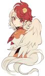  1girl animal animal_on_head bird bird_on_head bird_tail blonde_hair chick dress feathered_wings highres mozukuzu_(manukedori) multicolored_hair niwatari_kutaka on_head orange_dress parted_lips red_eyes red_hair short_hair simple_background solo tail touhou two-tone_hair upper_body white_background wings yellow_wings 