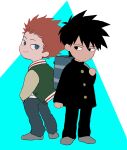  2boys bag black_eyes black_hair blue_eyes gakuran jacket kageyama_ritsu min_(ozux66699998899) mob_psycho_100 multicolored_clothes multicolored_jacket multiple_boys orange_hair pants school_bag school_uniform shoes short_hair smile spiked_hair suzuki_shou 