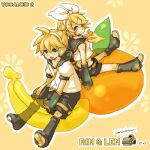  1boy 1girl banana belt blonde_hair blue_eyes character_name copyright_name crop_top detached_sleeves food fruit full_body hair_ornament hairclip headphones headset kagamine_len kagamine_rin leg_warmers looking_back lowres midriff neckerchief necktie open_mouth orange_(fruit) ponytail sailor_collar shirt short_hair short_sleeves shorts sitting sleeveless sleeveless_shirt smile steamroller vocaloid wryyyyyyyyyyyyyyyyyyyy yellow_background yukke 