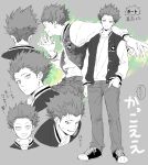  1boy denim energy full_body hand_in_pocket highres jacket jeans long_sleeves min_(ozux66699998899) mob_psycho_100 monochrome multiple_views open_mouth orange_hair pants partially_colored shoes short_hair smile spiked_hair suzuki_shou undershirt v-shaped_eyebrows 