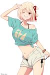  1girl ama_(ama_ekaku) aqua_shirt bikini bikini_under_shorts black_bikini blonde_hair bob_cut breasts commentary_request contrapposto finger_gun finger_gun_to_head grin hair_ribbon highres large_breasts lycoris_recoil midriff navel nishikigi_chisato one_eye_closed one_side_up open_fly red_eyes red_ribbon ribbon shirt short_shorts shorts simple_background smile solo stomach swimsuit thighs tied_shirt white_background white_shorts wristband 