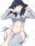  1girl bare_shoulders black_hair blue_eyes blush breasts gridman_universe highres long_hair long_sleeves looking_at_viewer masakin medium_breasts navel on_bed solo ssss.gridman takarada_rikka 