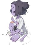  1girl arthropod_girl barefoot black_eyes black_hair chips_(food) colored_skin controller crossed_legs eating extra_arms extra_eyes feet food from_side game_controller jianpan_xiafang_de_da_kongge monster_girl muffet no_pants playing_games potato_chips purple_skin shirt short_hair sitting solo spider_girl thighs toes two_side_up undertale white_shirt 