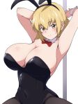  1girl absurdres animal_ears black_leotard blonde_hair blush cagalli_yula_athha detached_collar fake_animal_ears fishnet_pantyhose fishnets gundam gundam_seed gundam_seed_freedom hair_ornament highleg highleg_leotard highres leotard looking_at_viewer masakin pantyhose playboy_bunny rabbit_ears short_hair smile strapless strapless_leotard wrist_cuffs yellow_eyes 