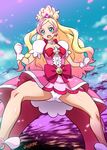  blonde_hair bloomers blue_eyes bow cure_flora earrings gloves go!_princess_precure haruno_haruka jewelry joy_ride long_hair magical_girl multicolored_hair open_mouth pink_bow pink_hair precure smile solo spread_legs streaked_hair two-tone_hair underwear 