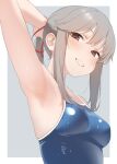  1girl adjusting_hair alternate_costume arm_up armpits arms_behind_head blue_one-piece_swimsuit blush border breasts commentary_request from_below grey_background grey_hair hair_between_eyes hair_ribbon highres kantai_collection long_hair looking_at_viewer medium_breasts old_school_swimsuit one-piece_swimsuit outside_border ponytail red_eyes red_ribbon ribbon sakieko school_swimsuit shiny_skin sidelocks simple_background skindentation smile solo swimsuit teeth upper_body usugumo_(kancolle) white_border 