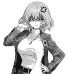  1girl 1other ^_^ belt breasts closed_eyes flower grabbing grabbing_another&#039;s_breast greyscale groping jacket jewelry kazami_yuuka large_breasts looking_at_viewer medium_hair monochrome onkn_sxkn open_clothes open_shirt pendant shirt sunflower touhou turtleneck 