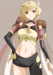  1girl absurdres asagao_21 blonde_hair breasts cape citrinne_(fire_emblem) cleavage_cutout clothing_cutout crop_top fire_emblem fire_emblem_engage grey_background hair_ornament highres midriff navel red_eyes sage_outfit_(fire_emblem_engage) short_hair simple_background small_breasts solo stomach 