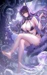  1girl absurdres alternate_costume animal_ear_fluff animal_ears azur_lane barefoot between_breasts breasts cleavage commentary_request crossed_legs flower fox_ears fox_girl fox_tail highres jellyfish large_breasts long_hair looking_at_viewer musashi_(azur_lane) purple_flower purple_hair purple_rose rose solo tail tansuan_(ensj3875) toes underwater yellow_eyes 