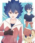  1boy ? absurdres aqua_background black_shirt blue_hair bright_pupils brown_eyes clothes_around_waist commentary_request fingerless_gloves gloves highres hugh_(pokemon) jacket jacket_around_waist looking_at_viewer male_focus multiple_views musical_note pansear pokemon pokemon_(creature) pokemon_bw2 ryusa_(gjgd7445) shirt short_hair spiked_hair t-shirt tongue tongue_out twitter_username zipper_pull_tab 
