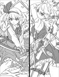  2girls apron bow bowtie braid closed_mouth collared_shirt commentary dress falling_petals fighting_stance greyscale hair_bow hairband highres hitodama holding holding_knife holding_sword holding_weapon izayoi_sakuya katana knife konpaku_youmu konpaku_youmu_(ghost) long_hair long_sleeves maid maid_headdress mero_(starfish_jcs) monochrome multiple_girls multiple_swords petals pocket_watch sheath sheathed shirt short_sleeves sword touhou unsheathed vest waist_apron watch weapon 