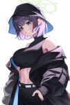  1girl absurdres alternate_costume black_hat black_jacket black_pants black_shirt blue_archive blue_eyes blush breasts green_halo grin halo hat highres jacket large_breasts long_sleeves navel open_clothes open_jacket pants purple_hair saki_(blue_archive) samgong shirt short_hair simple_background sleeveless sleeveless_shirt smile solo white_background 