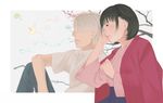  1girl bird black_hair cigarette ginko hair_over_one_eye japanese_clothes mushishi short_hair tanyuu_karibusa white_hair yuu_(yazakiayumi) 