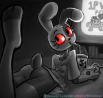  2024 anthro beverage biped black_eyes black_nose bottomless bottomless_female butt clothed clothing controller drinking eyebrows female five_nights_at_freddy&#039;s floppy_ears game_controller gaming holding_controller holding_game_controller holding_object inside lagomorph leporid looking_at_viewer looking_back looking_back_at_viewer lying mammal on_front playing_video_game rabbit raised_leg rear_view red_sclera roommates:motha scottgames scut_tail shirt shirt_only short_tail solo soulcentinel spot_color tail topwear topwear_only vanny_(fnaf) 