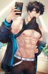  1boy abs belt black_hair black_pants black_tank_top blue_eyes clothes_in_mouth clothes_lift commentary commission english_commentary hair_between_eyes hand_on_own_hip highres holding holding_phone indie_virtual_youtuber jae_(vtuber) male_focus mouth_hold navel nipples pants phone second-party_source selfie shirashura shirt_in_mouth shirt_lift short_hair solo tank_top toned toned_male virtual_youtuber white_belt 
