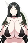  1girl absurdres bikini black_bikini black_hair breasts cleavage highres huge_breasts long_hair looking_at_viewer reptilia_queen scp-682_female scp_foundation smile solo swimsuit yellow_eyes 