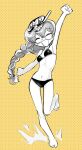  1girl :d anchovy_(girls_und_panzer) bikini braid breasts eisu_(eith) girls_und_panzer goggles goggles_on_head greyscale hair_between_eyes highres long_hair monochrome navel screentones small_breasts smile snorkel swimsuit yellow_background 