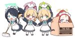  4girls absurdly_long_hair absurdres achilles_(yosshyachillesd) animal_ear_headphones animal_ears apron aris_(blue_archive) aris_(maid)_(blue_archive) black_dress black_footwear black_hair blonde_hair blue_archive blue_eyes blush box cat_tail closed_mouth dress fake_animal_ears game_development_department_(blue_archive) green_eyes green_halo halo headphones highres in_box in_container long_hair long_sleeves maid maid_apron maid_headdress midori_(blue_archive) midori_(maid)_(blue_archive) momoi_(blue_archive) momoi_(maid)_(blue_archive) multiple_girls official_alternate_costume open_mouth pantyhose pink_halo purple_eyes red_eyes red_hair ringed_eyes shoes short_hair short_sleeves siblings simple_background sisters smile tail twins very_long_hair white_apron white_background white_pantyhose yellow_halo yuzu_(blue_archive) yuzu_(maid)_(blue_archive) 