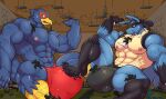  anthro avian big_bulge bird black_body black_fur blue_body bodily_fluids bulge canid canine clothing destruction detailed_bulge duo eeveelution falco_lombardi feet fur generation_2_pokemon generation_4_pokemon genital_outline green_eyes growth hi_res inside lucario male male/male mammal maxwell_kyris muscular muscular_male nintendo nomorebiscuit pokemon pokemon_(species) red_eyes sitting speedo spines star_fox sweat swimwear togepi1125 umbreon worship 