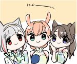  3girls animal_ears aqua_eyes blue_dress bob_cut brown_hair c: cat_ears closed_mouth colored_inner_hair commentary_request crossed_bangs deformed detached_sleeves diagonal_bangs dress frilled_dress frills fujishima_megumi grey_hair hair_bun hairband hands_on_own_cheeks hands_on_own_face high_ponytail highres hinoshita_kaho inverted_bob kanduki_kamibukuro kemonomimi_mode link!_like!_love_live! long_hair long_sleeves looking_at_viewer love_live! multicolored_hair multiple_girls nyan orange_hair purple_eyes rabbit_ears red_eyes red_hair short_hair single_detached_sleeve single_hair_bun sleeveless sleeveless_dress smile streaked_hair translation_request tsubasa_la_liberte_(love_live!) upper_body virtual_youtuber white_dress yellow_hairband yugiri_tsuzuri 