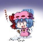  ant bat_wings blue_background blue_hair brooch bug commentary detached_wings gloom_(expression) gradient gradient_background hat holding ice_cream_cone insect jewelry mob_cap noai_nioshi patch remilia_scarlet solo touhou translated trembling turn_pale white_background wings |_| 